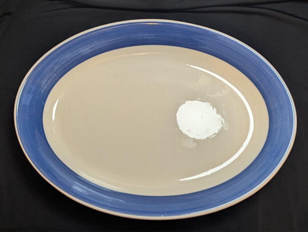 TRE CI Italy Oval Serving Platter Blue Rim Ceramic 14.5 in MCM Italian Pottery